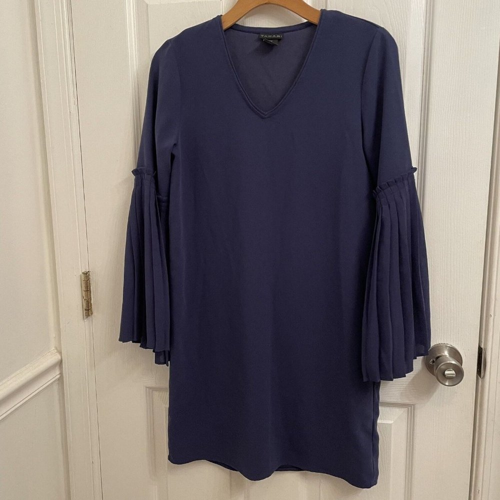 Tahari Navy Shift Dress V-Neck Pleated Bell Sleeve size 2